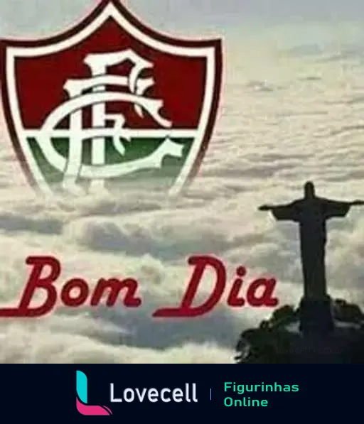 Figurinha do WhatsApp com emblema do Fluminense Football Club, 'Bom Dia' escrito acima das nuvens e Cristo Redentor ao fundo