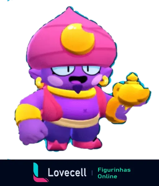 Figurinha do Brawl Stars mostrando o personagem Gênio Roxo com turbante rosa e segurando uma lâmpada mágica dourada.