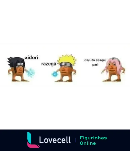 Figurinha engraçada e inusitada dos personagens de Naruto, com Laranjo imitando Sasuke, Naruto e Sakura com os textos 'xidori', 'razegã' e 'naruto sasqui pari'.