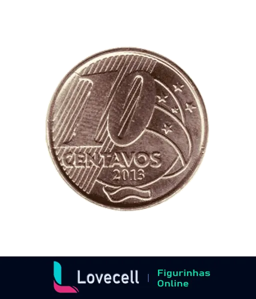 Figurinha de moeda brasileira de 10 centavos de 2013 com inscrições '10 CENTAVOS' e elementos gráficos de música e cultura brasileira