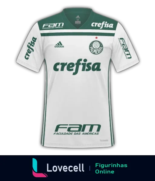 Figurinha do WhatsApp mostrando a camisa do Palmeiras 2023, predominantemente branca com detalhes em verde e logos da Adidas, Crefisa e FAM, destacando o escudo do Palmeiras no peito