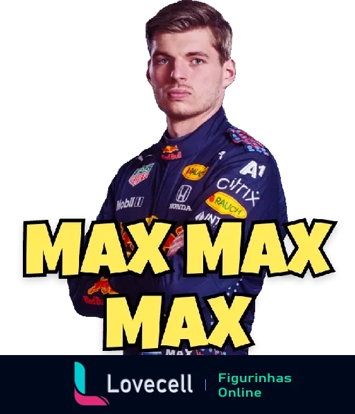 Figurinha de Max Verstappen em traje de corrida com patrocínios, nome 'Max' em amarelo destacado três vezes