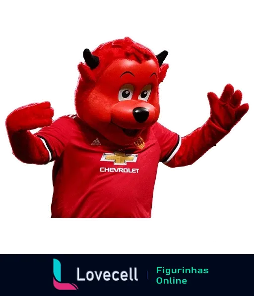 Mascote do Manchester United, demônio vermelho animado, vestido com uniforme do time e logo da Chevrolet, de braços abertos em pose amigável