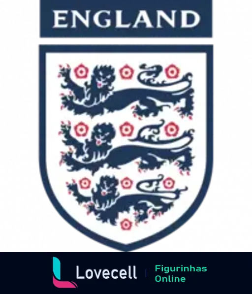 Figurinha com escudo da seleção de futebol da Inglaterra, mostrando três leões e dez rosas em azul, branco e vermelho