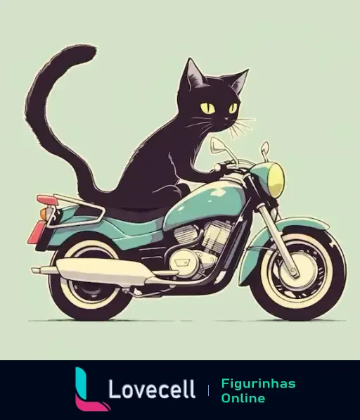 Ilustração de um gato preto com olhos amarelos pilotando uma motocicleta azul em um fundo suave. Título: 'Gato pilotando moto azul'. Tags: 'gato, motocicleta'.