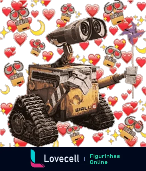 Figurinha do Wall-E apaixonado com expressão feliz cercado por corações e ícones de amor