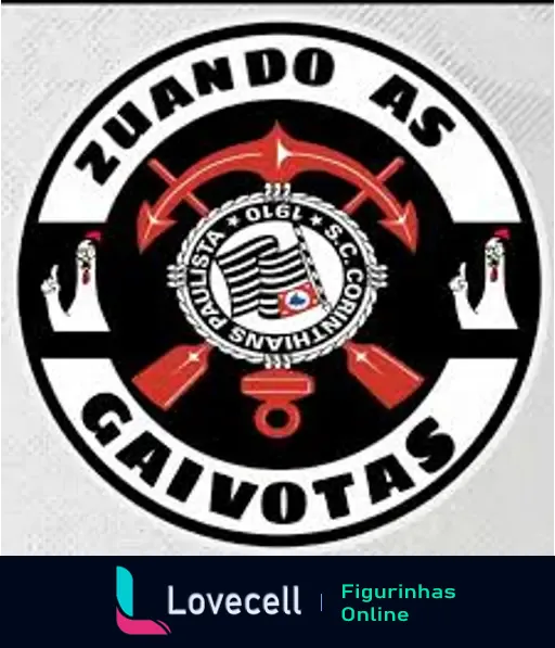 Emblema com o texto 'Zuando as Gaivotas'. Possui o símbolo do Corinthians no centro, com dois braços levantados segurando moedas e armas vermelhas.