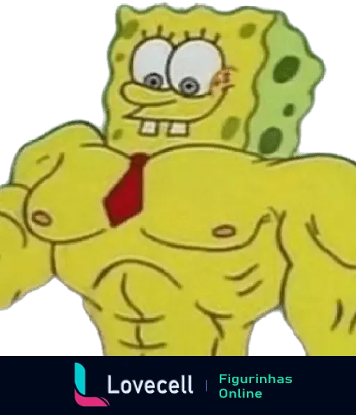 Figurinha do Bob Esponja musculoso, vestindo uma gravata vermelha e exibindo seu físico definido e impressionante.