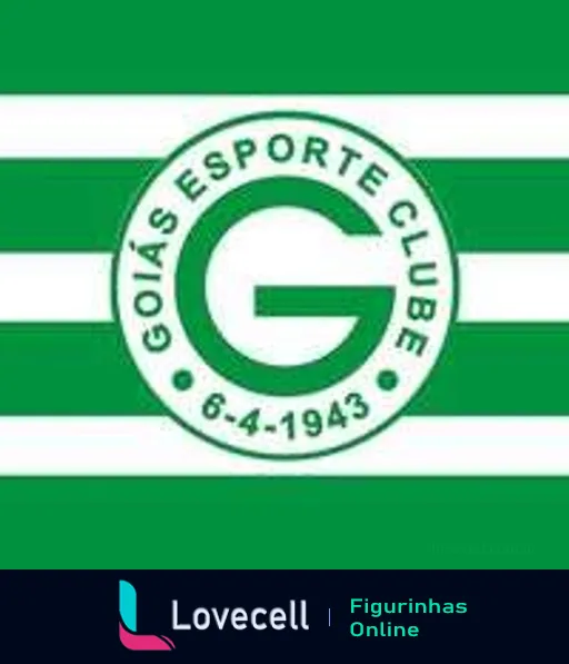 Logo do Goiás Esporte Clube em figurinha, destacando listras verdes e brancas com um círculo central com a letra 'G' e a data '8-4-1943', simbolizando a tradição do clube no futebol brasileiro.