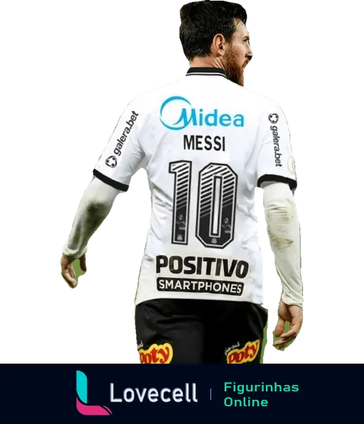 Figurinha de Messi vestindo camisa branca número 10 com logos Midea e Positivo, de costas