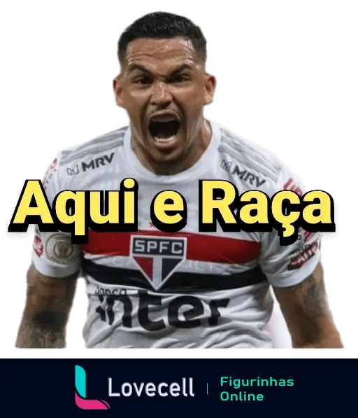 Figurinha do WhatsApp mostrando jogador de futebol do São Paulo FC comemorando com o uniforme branco e a frase 'Aqui é Raça' em destaque