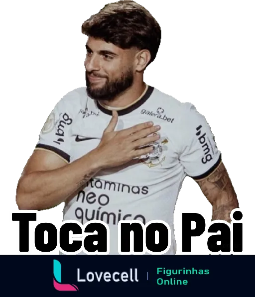 Figurinha de jogador de futebol do Corinthians tocando o coração com expressão alegre e a frase 'Toca no Pai' em branco