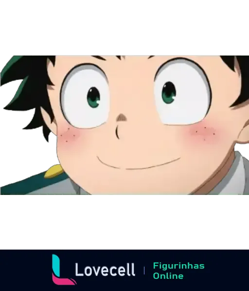 Personagem de Boku No Hero Academia sorrindo com olhos brilhantes e bochechas coradas, transmitindo alegria e otimismo.