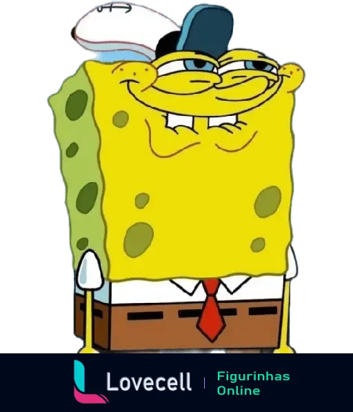 Sticker do Bob Esponja com um chapéu branco e azul, olhando astutamente para a direita e exibindo um leve sorriso.