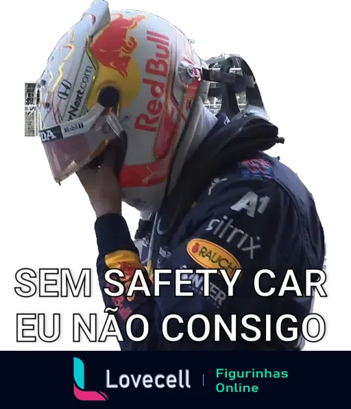 Figurinha de WhatsApp mostrando um piloto de Fórmula 1 da Red Bull ajustando seu capacete azul com patrocínios e a legenda 'Sem Safety Car eu não consigo'