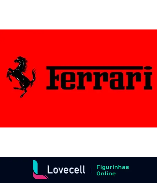 Logotipo da Ferrari com fundo vermelho vibrante, nome 'Ferrari' em letras brancas e cavalo empinado preto à esquerda