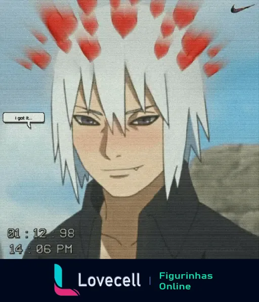 Personagem de Naruto com cabelo branco e corações vermelhos ao redor da cabeça, sorrindo suavemente. Texto na imagem diz 'I got it.'