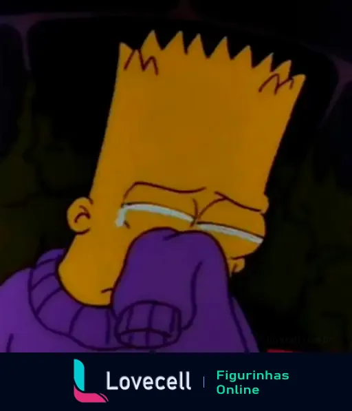 Imagem de Bart Simpson chorando, usando um suéter roxo e com lágrimas descendo pelo rosto, expressão de tristeza profunda.