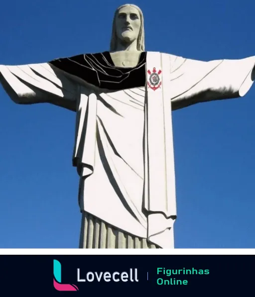 Figurinha do Cristo Redentor vestindo a camisa do Corinthians, com o símbolo do clube visível no peito, representando a fusão de um ícone religioso com o futebol.