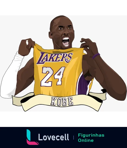 Animação de jogador dos Lakers em pose de celebração, vestindo a camisa número 24 com o nome 'Kobe'.