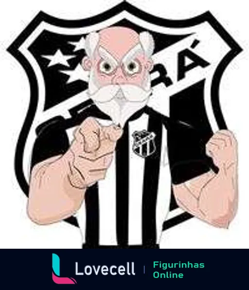 Mascote do Ceará Sporting Club, Vovô, com cabelos e barbas brancos, uniforme preto e branco, apontando diretamente para o espectador com expressão de energia e determinação