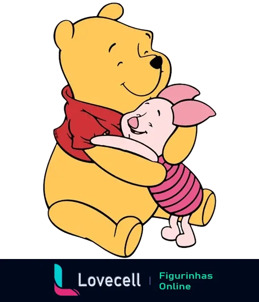 Ursinho Pooh abraçando carinhosamente Piglet, transmitindo amizade e carinho. Uma cena adorável e acolhedora da famosa série animada.