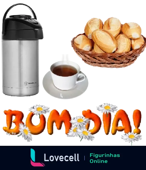 Figurinha de 'Bom Dia' com xícara de café fumegante, cesta de pães franceses, garrafa térmica e texto 'Bom Dia!' decorado com margaridas