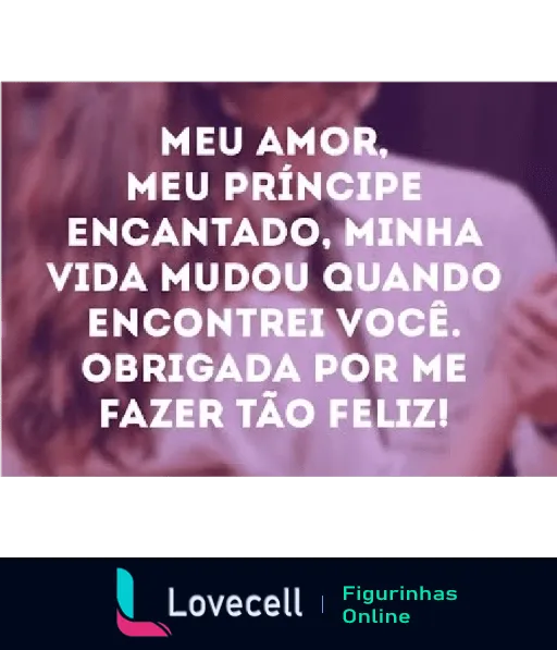 Sticker com texto romântico 'Meu amor, meu príncipe encantado, minha vida mudou quando encontrei você. Obrigada por me fazer tão feliz!', expressando gratidão e amor profundo.