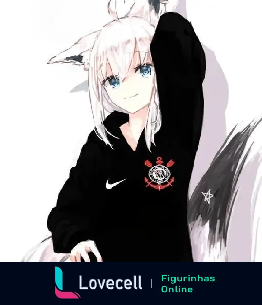 Personagem anime com orelhas de gato, cabelo branco e olhos azuis, vestindo uma camiseta Nike preta do Corinthians. Imagem de pasta 'VAI CORINTHIANS ANIME'.