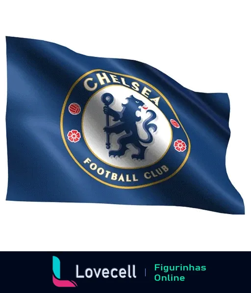 Bandeira ondulante do Chelsea Football Club com emblema, leão azul e rosas vermelhas