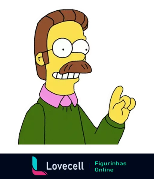 Ned Flanders dos Simpsons apontando com um suéter verde e camisa rosa, bigode e óculos visíveis