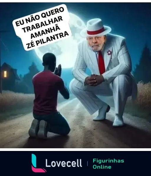 Imagem de um homem ajoelhado em frente a uma figura com roupas brancas e chapéu, com a frase 'EU NÃO QUERO TRABALHAR AMANHÃ ZÉ PILANTRA'.