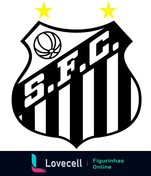 Escudo do Santos Futebol Clube com listras pretas e brancas, bola de futebol e duas estrelas douradas