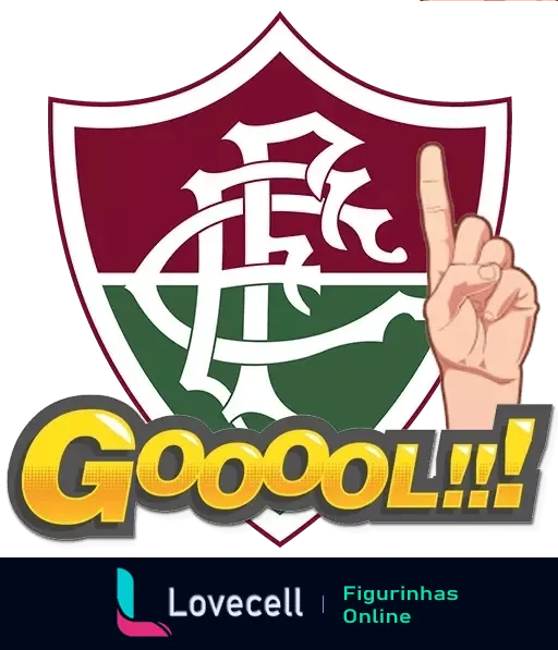 Figurinha do WhatsApp com o emblema do Fluminense e a palavra 'Gooool!!!' em design vibrante, mão fazendo gesto de número um, simbolizando vitória