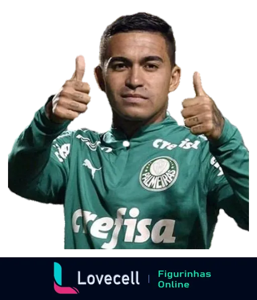 Jogador do Palmeiras comemorando com polegares para cima, vestindo uniforme oficial com logo da Crefisa