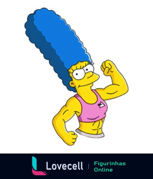 Marge Simpson muscular e confiante, com top rosa e músculos definidos, mantendo o cabelo azul alto