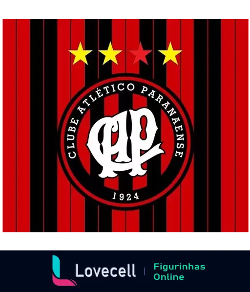 Figurinha do escudo do Clube Atlético Paranaense com fundo listrado em preto e vermelho, logo 'CAP' e ano de fundação 1924, acompanhado de três estrelas douradas acima