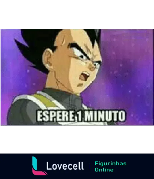 Personagem de Dragon Ball Z dizendo 'Espere 1 Minuto' com expressão surpresa e fundo roxo brilhante.