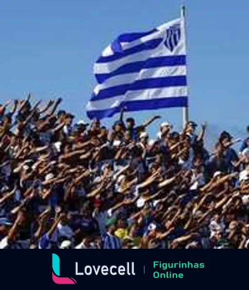 Torcida do Avaí agitando uma grande bandeira azul e branca no estádio