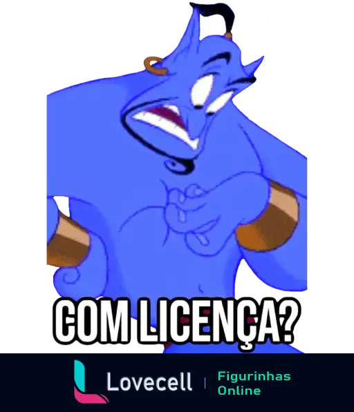 Genie azul dos desenhos, com uma expressão perplexa e mãos levantadas, dizendo 'com licença?'. Perfeito para situações irônicas.