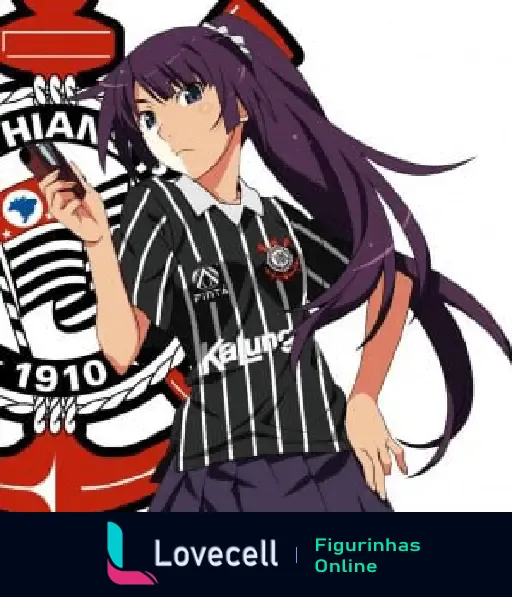 Personagem de anime usando camisa do Corinthians, em frente ao escudo do clube. Suas longas mechas roxas se destacam enquanto ela observa algo no celular.