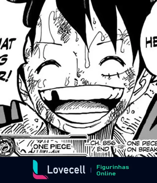 Luffy, personagem de One Piece, sorrindo com alegria, com a inscrição 'HE HE HE' e 'WHAT A THRILLER!' na imagem.