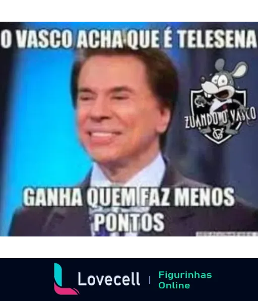 Silvio Santos rindo no programa de TV ao lado de um logo com ‘Zumdo do Vasco’ e a frase humorística ‘O Vasco acha que é Telesena, ganha quem faz menos pontos’