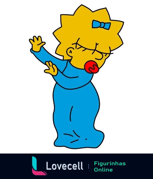 Maggie Simpson bebê de 'Os Simpsons', de pé com macacão azul e chupeta vermelha, levantando a mão como se acenasse