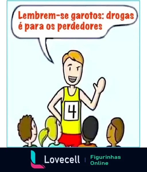 Personagem masculino em trajes esportivos aconselhando crianças sentadas com a frase 'Lembrem-se garotos: drogas é para os perdedores' em ambiente informal e educativo