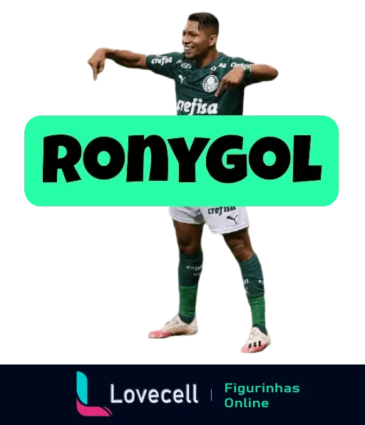 Figurinha de Ronygol, jogador do Palmeiras, comemorando gol com pose de arco e flecha, vestindo uniforme verde