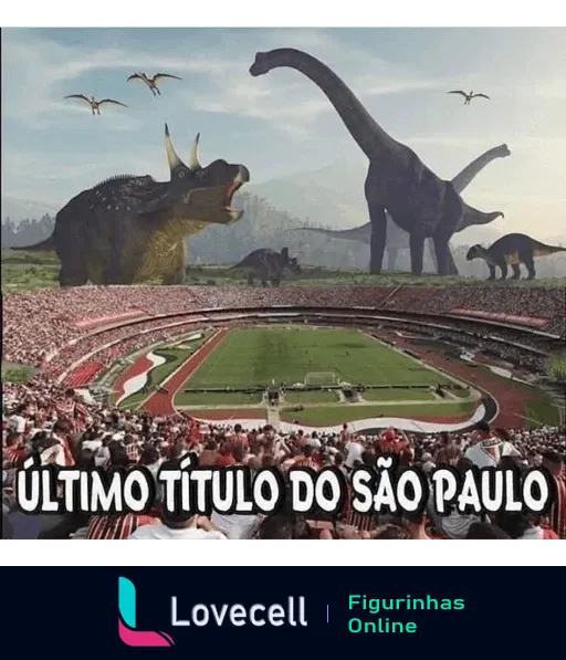 Imagem humorística do estádio do Morumbi com dinossauros caminhando e voando ao redor, insinuando que o São Paulo não ganha um título há muito tempo