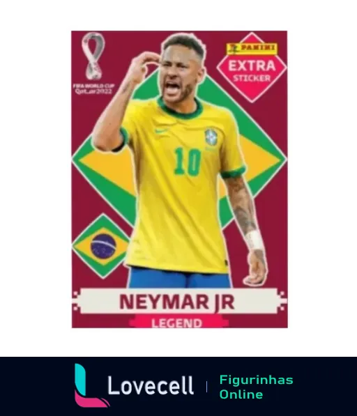 Neymar Jr vestindo uniforme amarelo do Brasil, gritando em comemoração com elementos gráficos e logo da Panini ao redor