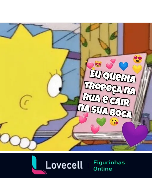 Lisa Simpson sentada em frente ao computador enviando mensagem romântica 'Eu queria tropeçar na rua e cair na sua boca' com emojis de coração