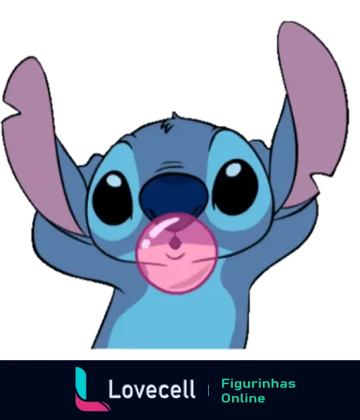 Stitch, a famosa personagem azul, fazendo uma bolha com chiclete rosa e braços levantados, imagem perfeita para expressar surpresa ou diversão.